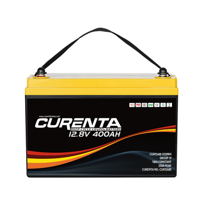 CURENTA 12V 400Ah LiFePO4 Lithium Battery 2560W Max. Load Power Group 8D Battery Built-in 200A BMS 5120Wh Usable Energy 6000 Cycles & 10-Year Lifetime Perfect for RV Home Solar System Fishing Boat