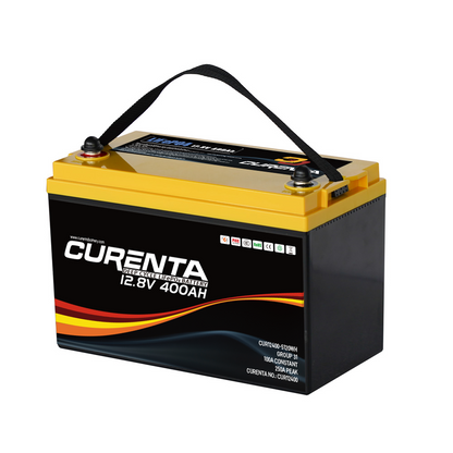 CURENTA 12V 400Ah LiFePO4 Lithium Battery 2560W Max. Load Power Group 8D Battery Built-in 200A BMS 5120Wh Usable Energy 6000 Cycles & 10-Year Lifetime Perfect for RV Home Solar System Fishing Boat