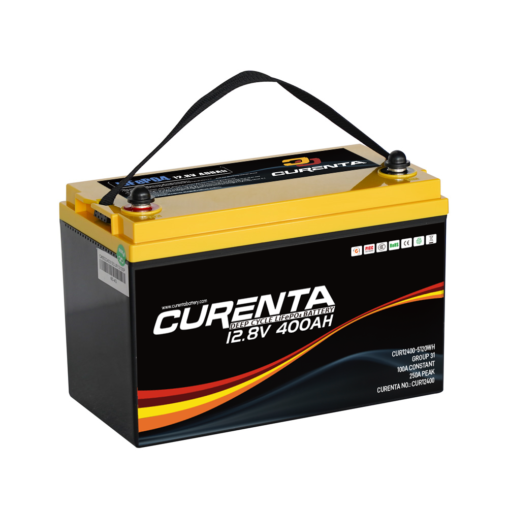 CURENTA 12V 400Ah LiFePO4 Lithium Battery 2560W Max. Load Power Group 8D Battery Built-in 200A BMS 5120Wh Usable Energy 6000 Cycles & 10-Year Lifetime Perfect for RV Home Solar System Fishing Boat