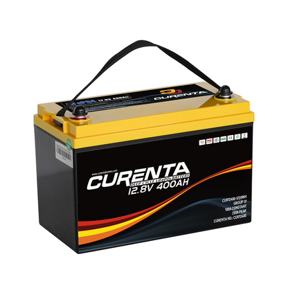 CURENTA 12V 400Ah LiFePO4 Lithium Battery 2560W Max. Load Power Group 8D Battery Built-in 200A BMS 5120Wh Usable Energy 6000 Cycles &amp; 10-Year Lifetime Perfect for RV Home Solar System Fishing Boat