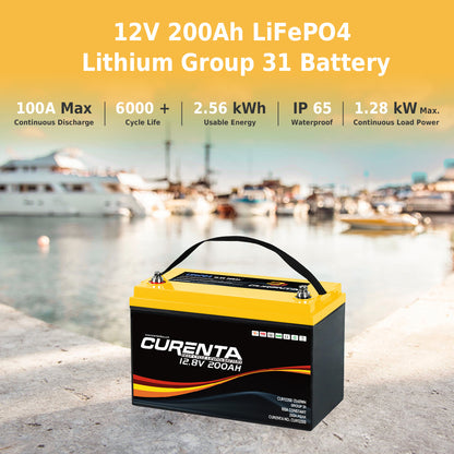 CURENTA 12V 200Ah LiFePO4 Lithium Battery with 2560Wh Energy Max. 1280W Load Power Built-in 100A BMS, 10 Years Lifetime 6000+ Cycles, Perfect for RV Solar Energy Storage Marine Trolling Motor