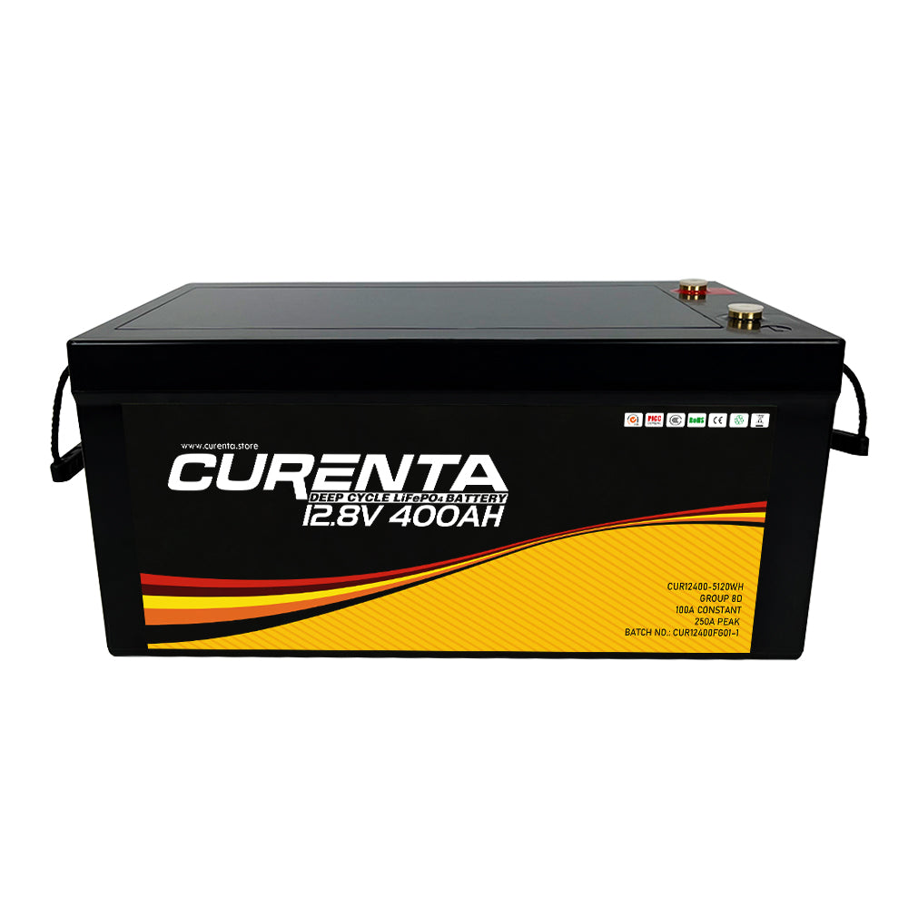 CURENTA 12V 400Ah LiFePO4 Lithium Battery 2560W Max. Load Power Group 8D Battery Built-in 200A BMS 5120Wh Usable Energy 6000 Cycles & 10-Year Lifetime Perfect for RV Home Solar System Fishing Boat